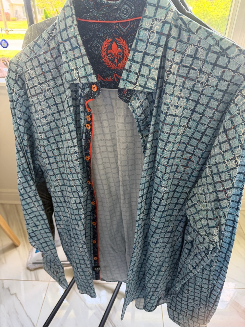 Men's Teal Patterned Long-Sleeve Button Shirt Jacket